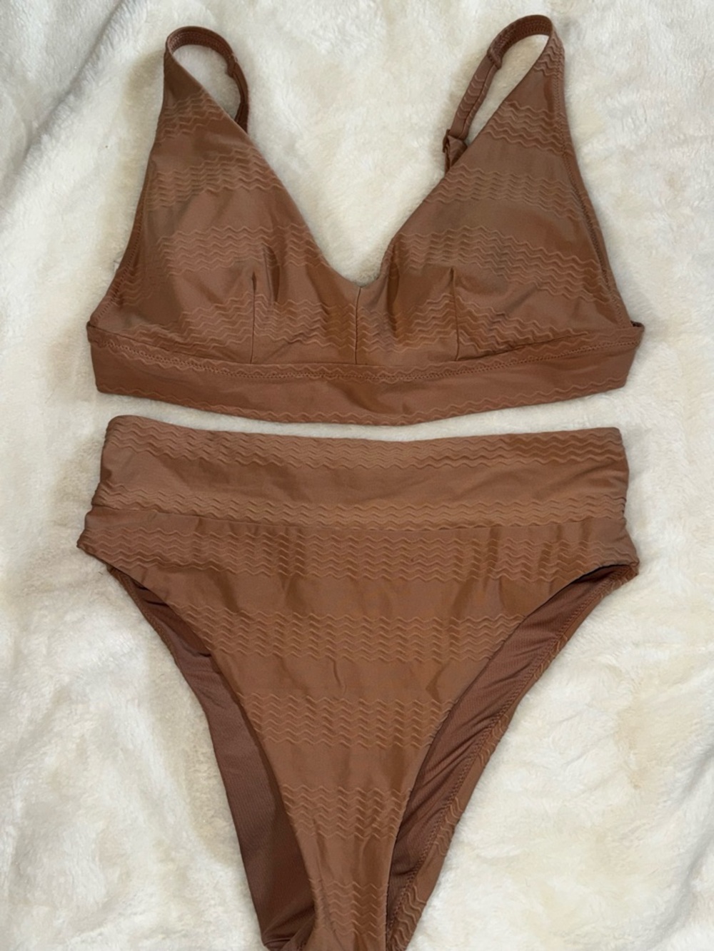 aerie Textured High-Waist Bikini Set in Brown